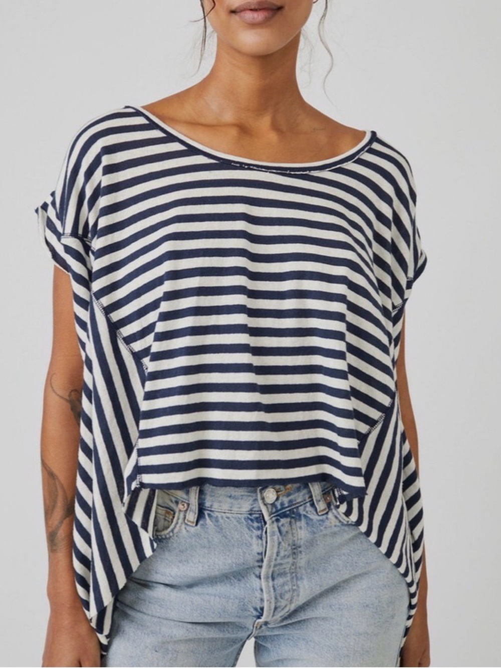 Free People Navy & White Striped Cold-Shoulder Crop Top